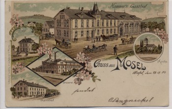 Litho Gruss aus Mosel Hammer's Gasthof Post Brauerei Bahnhof bei Zwickau 1901 RAR