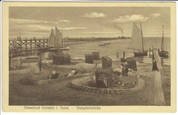 AK Ostseebad Grömitz in Holstein Dampferbrücke Schiffe Strand 1910